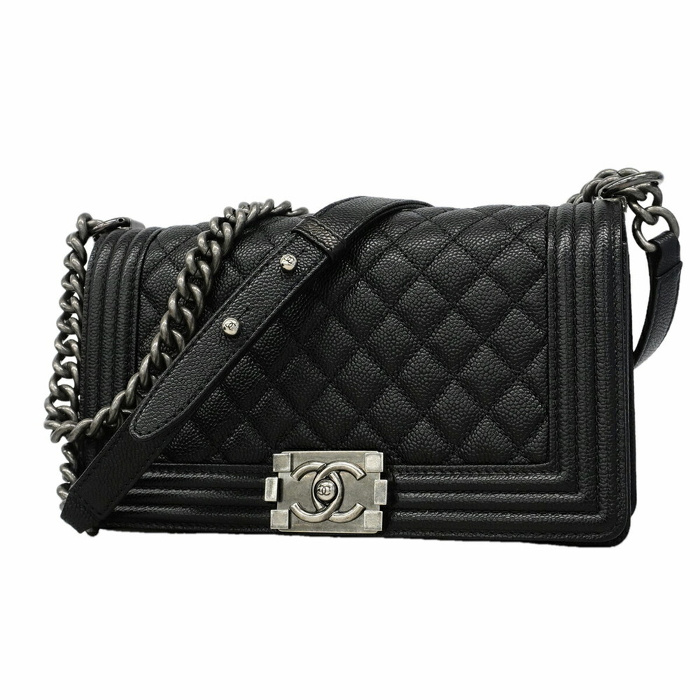 Chanel Boy Chain Shoulder Bag, Caviar Leather, Black, Women's OP010713